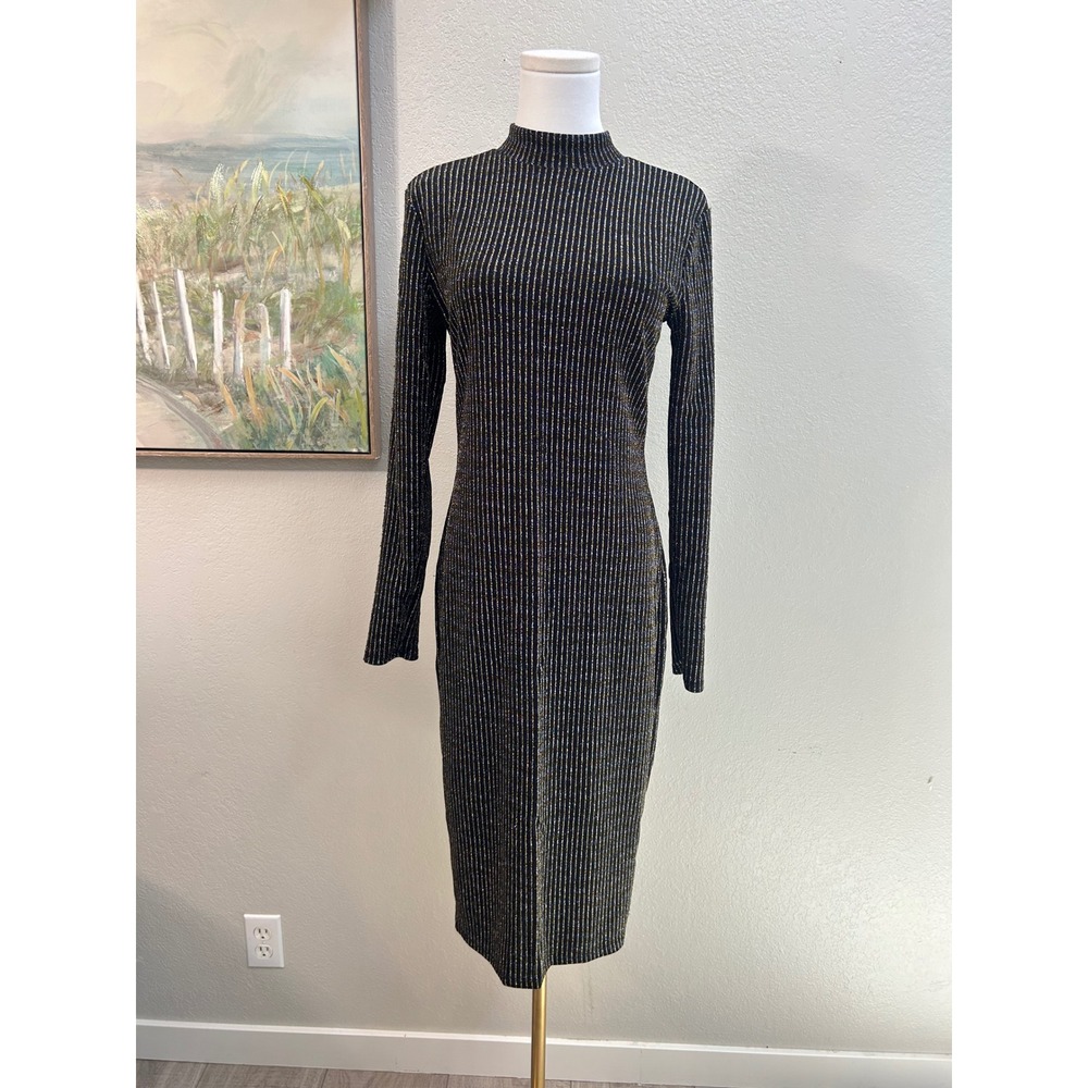 Bold Elements Black Metallic Stripe Mock Neck Midi Dress Size M